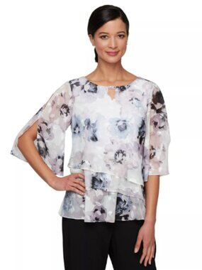 Alex Evenings Ivory Multi 3/4 Sleeve Ruffle Layered Blouse Event Formal Size MP